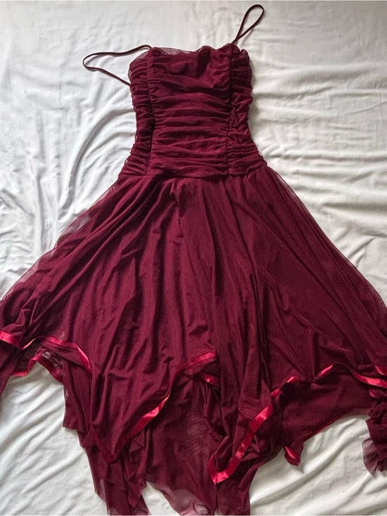 Dresses & Skirts - Burgundy Spaghetti Strap Ruched Handkerchief Hem Dress